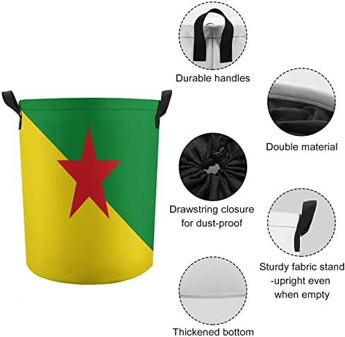 Zastava Francuske Gvajane okrugla košara za rublje od 42 L, sklopive košare za odjeću s gornjim vezicama