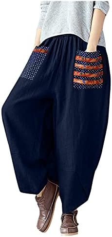 Ženske pamučne lanene hlače, ženske cvjetne paisley široke noge ljetne hlače Capri Capri Elastic Elastic struka vreća s vrećama za