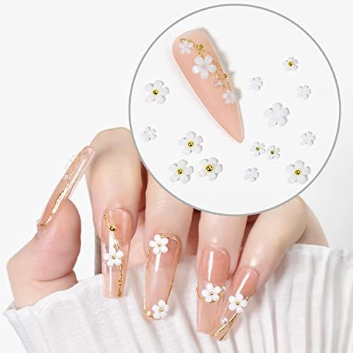 Ružičasti bijeli cvjetni čari za nokte sa zlatnim i srebrnim kuglicama kavijara, rhinestones i biseri savršeni za akrilne nokte, ukrase