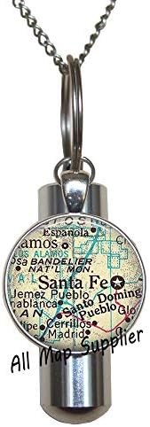 Modna kremacija urna ogrlica, Santa Fe karta urna, nakit za kartu, lanac ključeva Sante Fe, ogrlica Santa Fe Cremation Urn, ogrlica