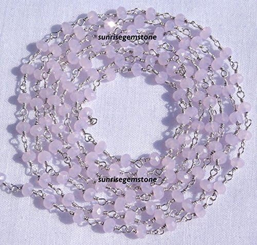 Lanac od ružičastog kvarca i kalcedona od 5 stopa, fasetiran 3,50 mm, presvučen srebrom 925, u stilu krunice, ukrašen perlama.