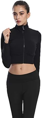 Urhapc ženska vježba za vježbanje crop Top ugrađeni pulover zip up dugi rukav slatke košulje crno