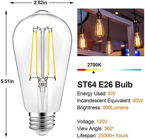 6-vatna 6-vatna LED Edison žarulja ekvivalentna 60-Vatnoj starinskoj žarulji sa žarnom niti 964 LED Edison svijetlo bijela 2700-om,