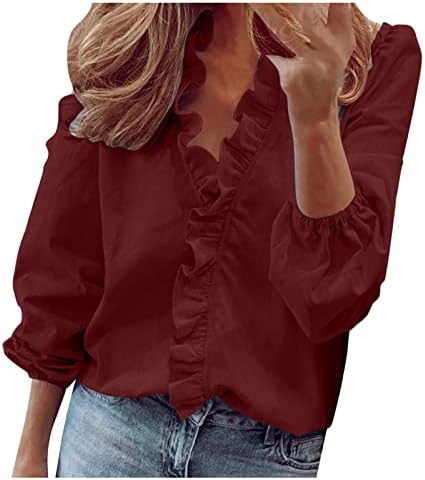 Ljetni vrhovi za žene ruffle dugi rukavi labava casual majica s v-izrezom tunike bluze dame solidne plus majice