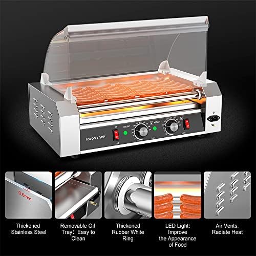 LeConchef Hot Dog Roller Machine Commercial Electric 7 Roller Grill Hot Dog Warm Topper Cooker Stroj od nehrđajućeg čelika s dvostrukim