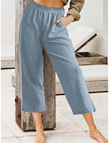 DGHM-jlmy Ženske solidne labave elastične struke Capris hlače Posteljine povremene ravne hlače Udobni salon joggers hlače s džepovima