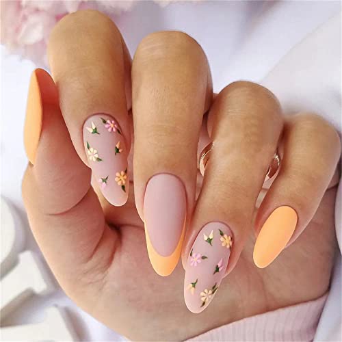 24pcs žuti francuski cvjetovi lažni nokti puni premaz bademi Kratki pritisak na nokte ljepilom za žene i djevojke dizajn noktiju ukras