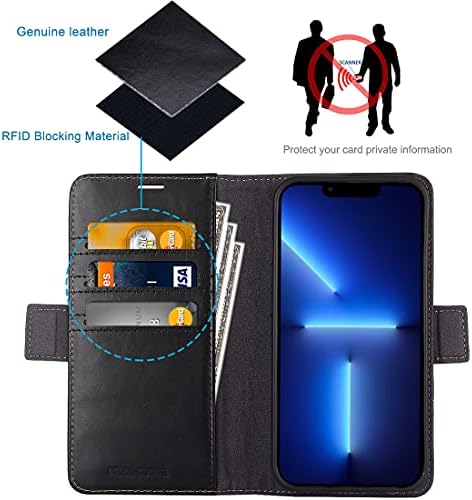 Torbica KEZiHOME za iPhone Pro 13, od prave kože [zaključavanje RFID] Zaokretnih magnetski torbica-novčanik s pretincima za kartice