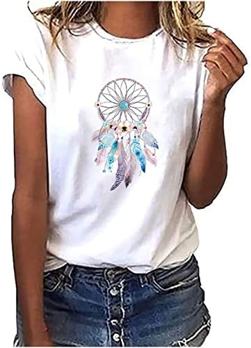 Žene vintage pero tiskane majice snova majica casual kratki rukav labavi vrhovi udobna modalna košulja plemenska umjetnička majica