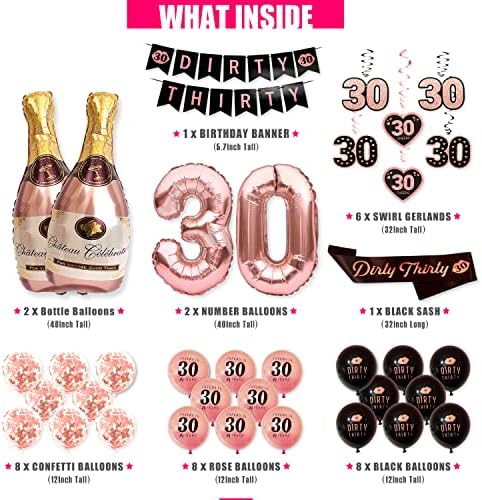 PartyForever 30. rođendana ukrasi natpisni komplet za žene, uključujući prljave trideset crnih i ružičastih zlata za nju s prljavim