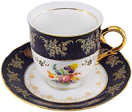 Euro porculanski premium 12-pc tamni kobalt plavi čaj za čaše set za kavu, vintage cvjetni uzorak, 24K zlatni ukras, usluga čaja za
