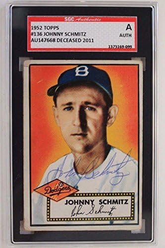 Johnny Schmitz Dodgers Autogram 1952 Topps 136 Potpisan SGC JSA Autentično - Kartice s autogramiranim pločama bejzbola