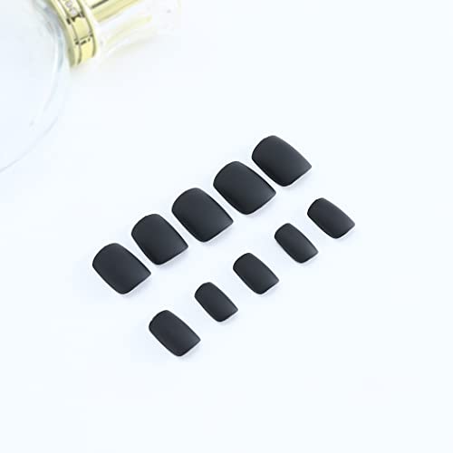 + Kratki kvadratni lažni nokti mat crni akrilni lažni nokti s potpunim pokrivanjem savjeti za umjetne nokte za žene i djevojke