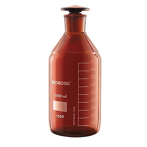 Borosil® Amber boce s reagensom za blokiranje svjetla s kopnenim staklenim čepovima i diplomama, 2L, 5/CS