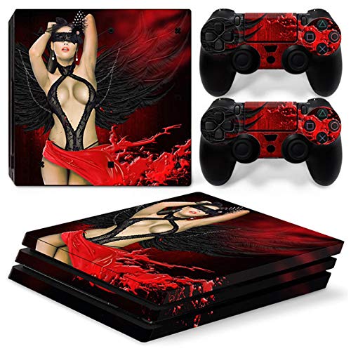 Zoomhitskins PS4 Pro Console i Kontroler Skins, Crna kožna crvena Sado seksi djevojčica Art slika Ruby Cherry, izdržljiva, bez mjehurića,