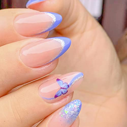 24pcs Akrilna preša za nokte bademi Kratki lažni Glitter nokti dizajn leptir naljepnica za nokte za žene i djevojke