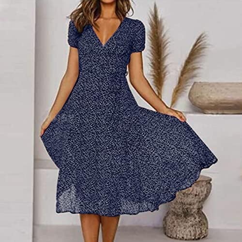 Ženska ljetna haljina s printom u točkicama, Ležerne široke midi haljine A kroja s izrezom u obliku slova A i kratkim rukavima u struku