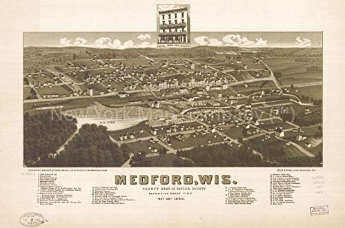 Beskonačne fotografije 1885. Karta | Medford, WIS, sjedište okruga Taylor prije velikog požara 28. svibnja 1885. | S