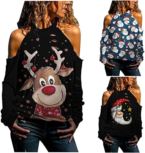 Ženski Božićni džemper s ramena pulover s printom sobova dukserica bez naramenica ležerni sportski topovi na otvorenom