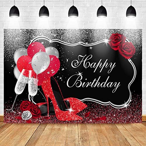 Mokshichka sjajna crvena pozadina s visokim potpeticama Sretan rođendan crna srebrna baloni sa šampanjcem svečani stol za torte pozadine