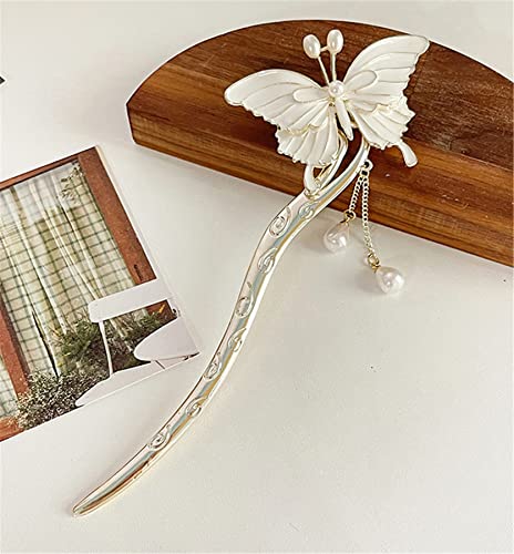 Kineski metalni leptir biserni štapići za kosu ukosnica za kosu chignon Ukrasna ukosnica za kosu za žene i djevojke bijeli leptir