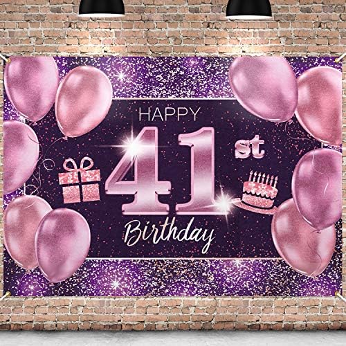 Pakboom Happy 41. rođendanska pozadina natpisa - 41 rođendanska zabava za žene - ružičasto ljubičasto zlato 4 x 6ft