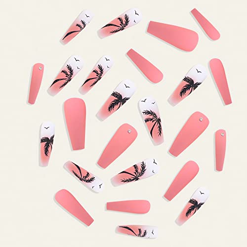 Ljetni tisak na noktima dugi lažni nokti u obliku lijesa sjajno ružičasto ljepilo na noktima dizajn palminog drveta akrilni lažni nokti