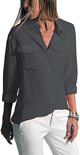 Ženska ležerna košulja s reverom, izrez u obliku slova u, dugi rukav, široka ležerna bluza s džepovima i gumbima sprijeda