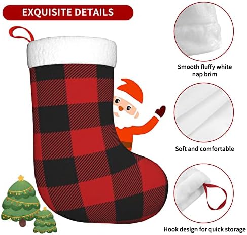 Yilequan 18 centimetara božićne čarape Klasične čarape, Crveni crni bivol provjera, za obiteljski odmor božićne zabave ukrasi