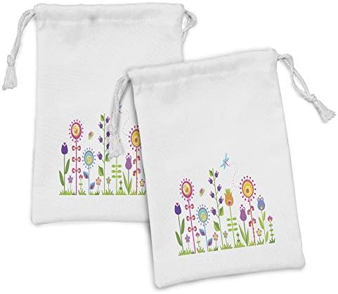 Ambasonne set za torbicu od crtića od 2, cvjetni zabavni tisak s šarenim cvjetovima ilustracija ćudljivo ljetni ukras, mala vreća za