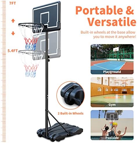 Prijenosni sustav košarkaških obruča s podesivom visinom od 5,4 ft-7 ft za mlade u zatvorenom i na otvorenom s kotačima
